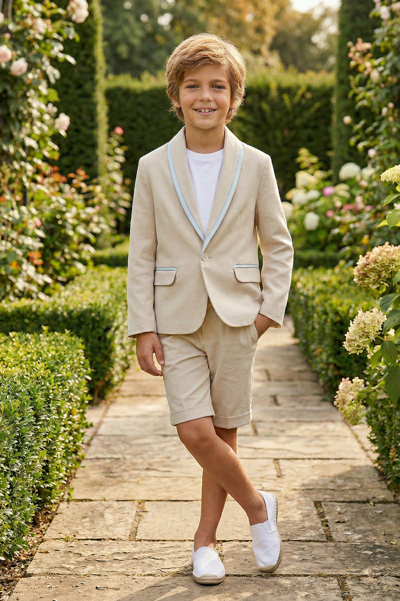 Apricot Cotton-Linen Blend Two-Piece Suit with Satin Piping
