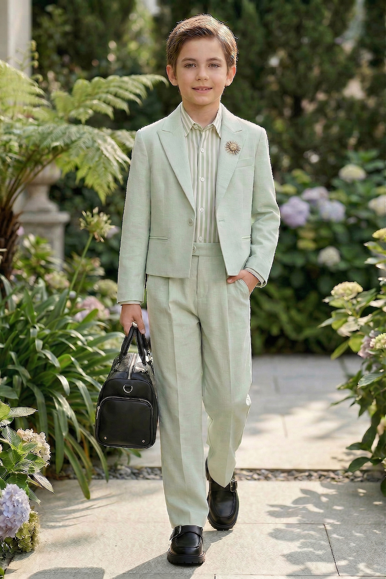 Light Green Cotton-Linen Blend Cropped Suit Two-Piece Set