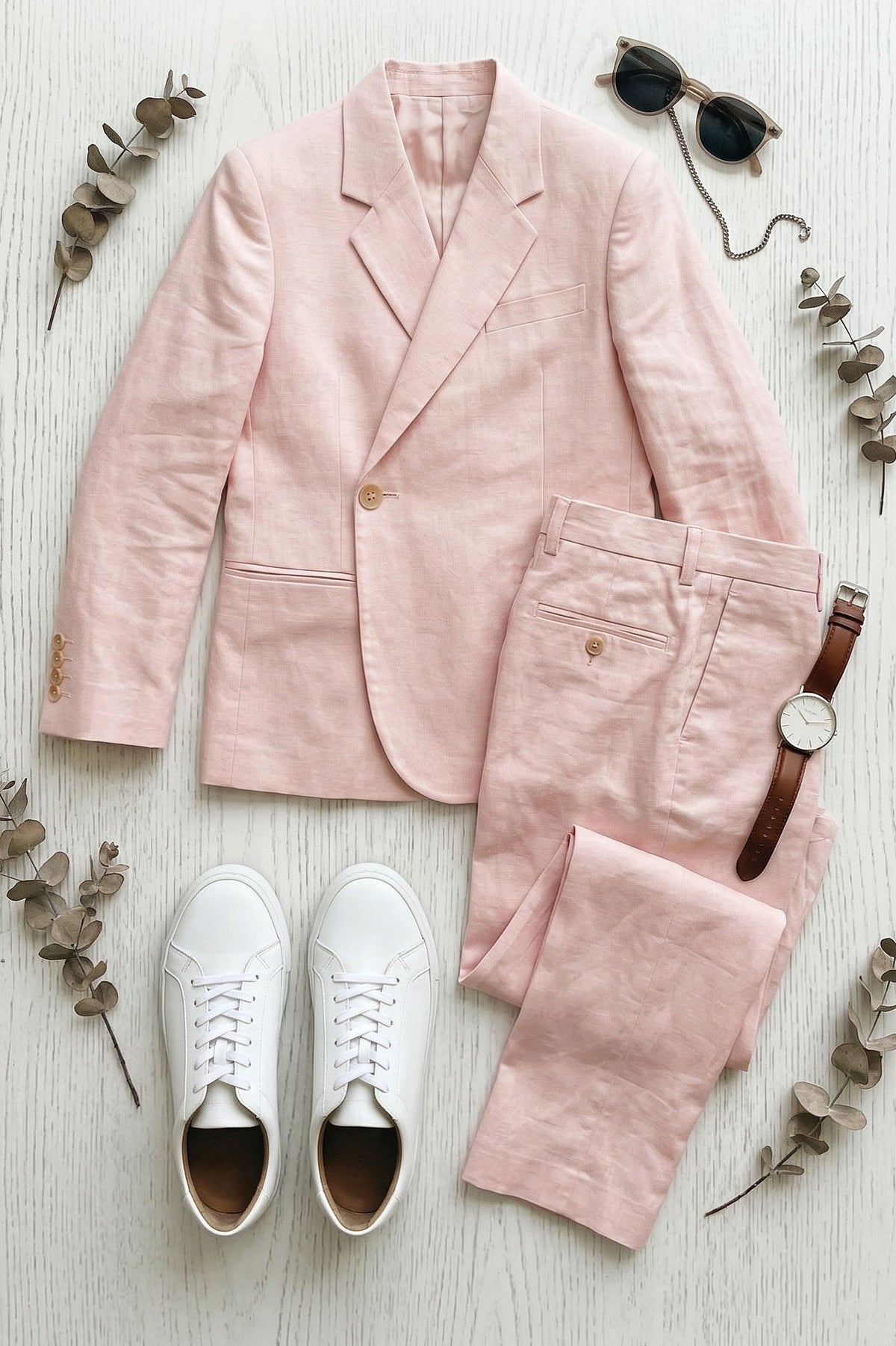 Light Pink Cotton-Linen Blend Notch Lapels Two-Piece Suit