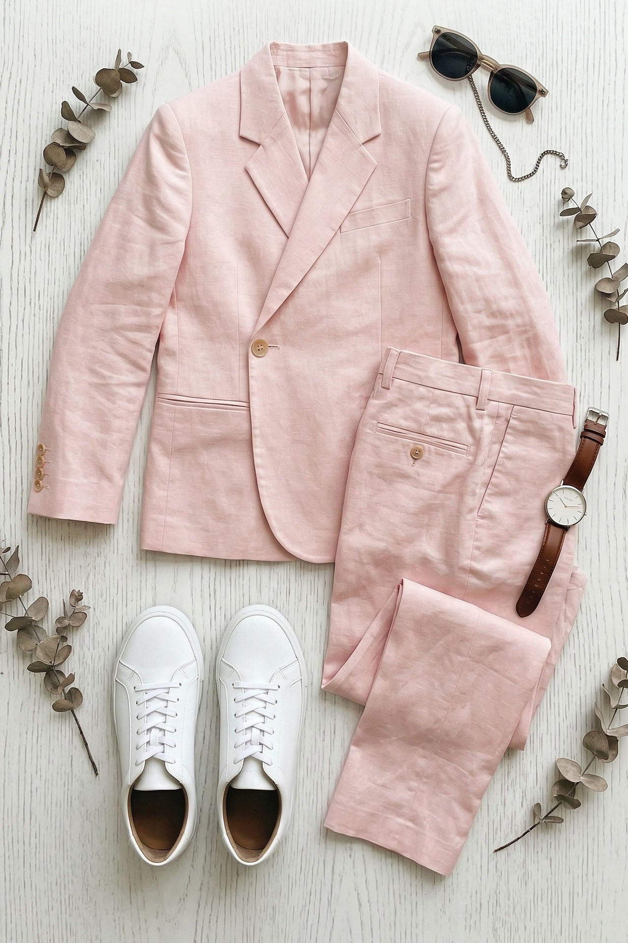 Light Pink Cotton-Linen Blend Notch Lapels Two-Piece Suit