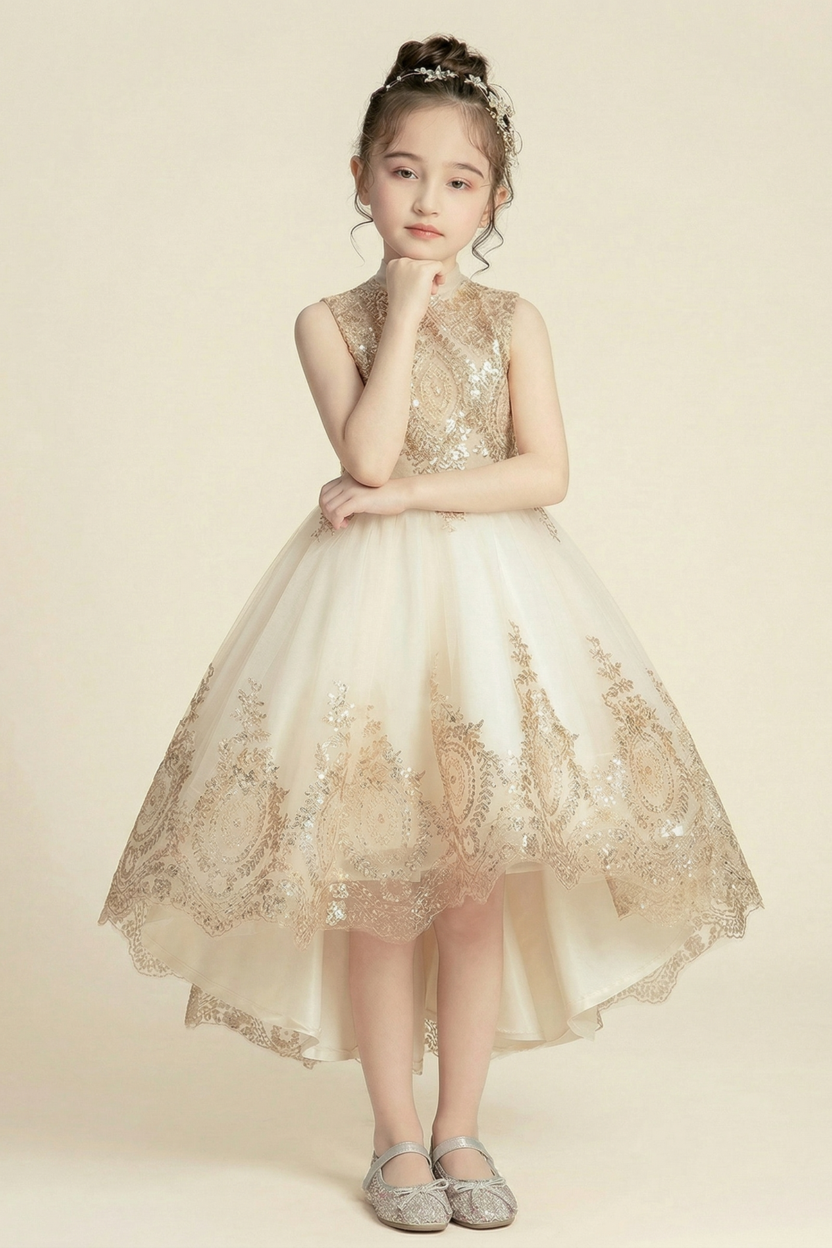 Champagne Chiffon Lace And Mesh A-Line Dress