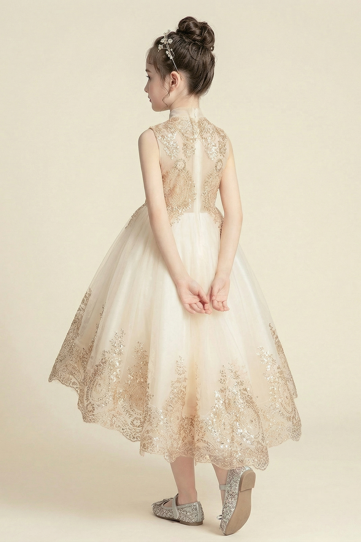 Champagne Chiffon Lace And Mesh A-Line Dress