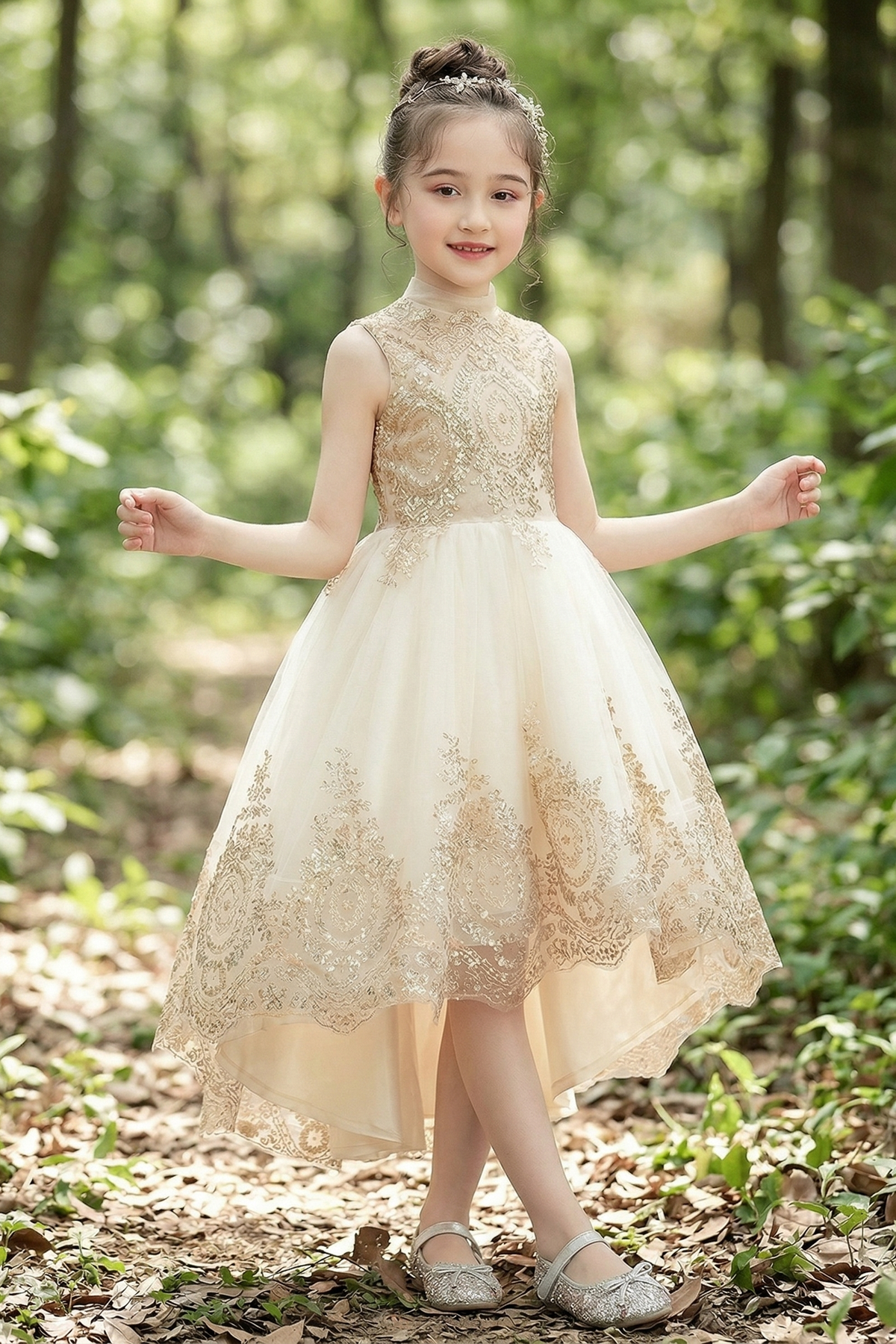Champagne Chiffon Lace And Mesh A-Line Dress