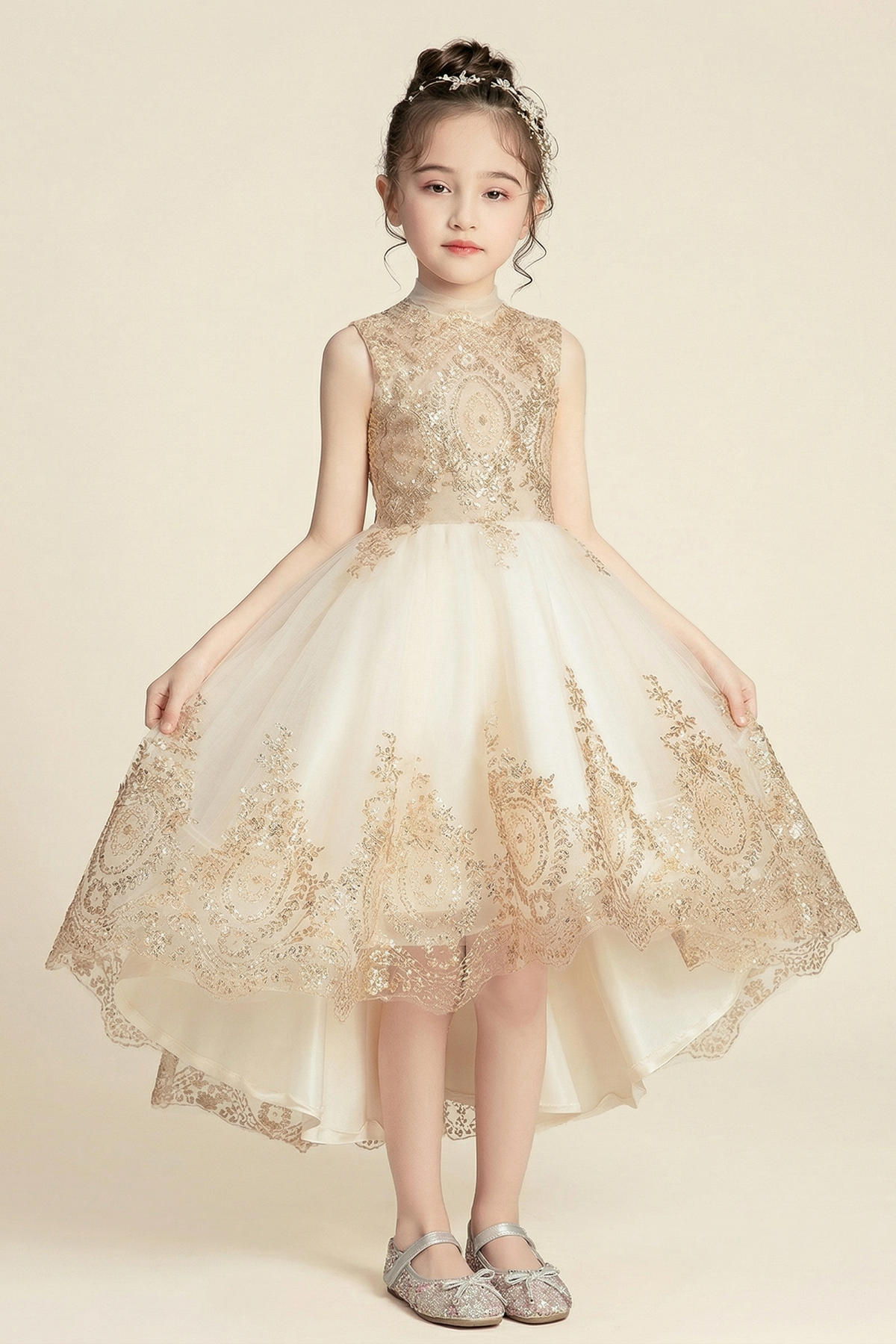 Champagne Chiffon Lace And Mesh A-Line Dress