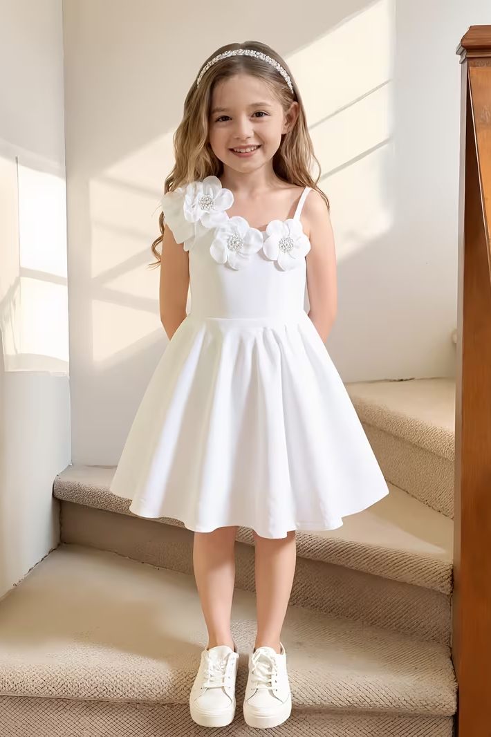 White Chiffon 3D Floral A-Line Slip Dress