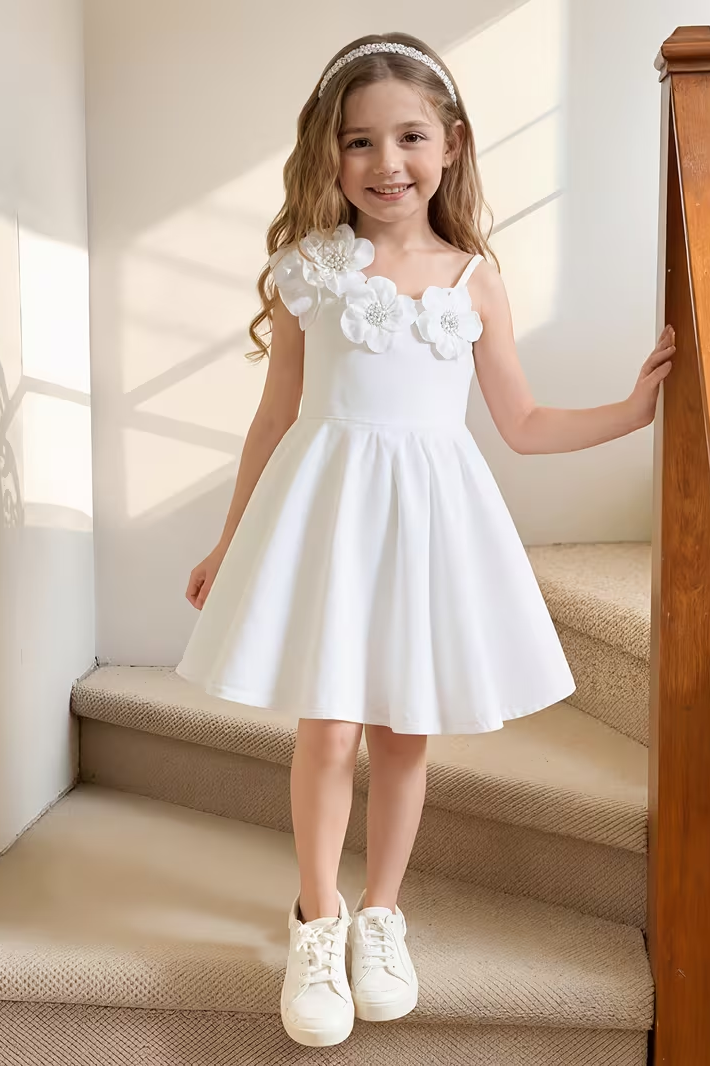White Chiffon 3D Floral A-Line Slip Dress