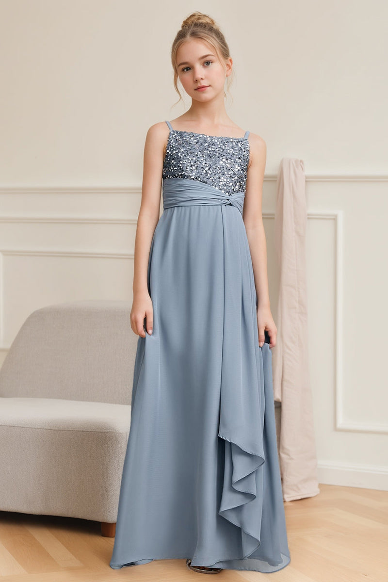 Girls Dusty Blue Sequin Bodice Chiffon Flower Girl Dress