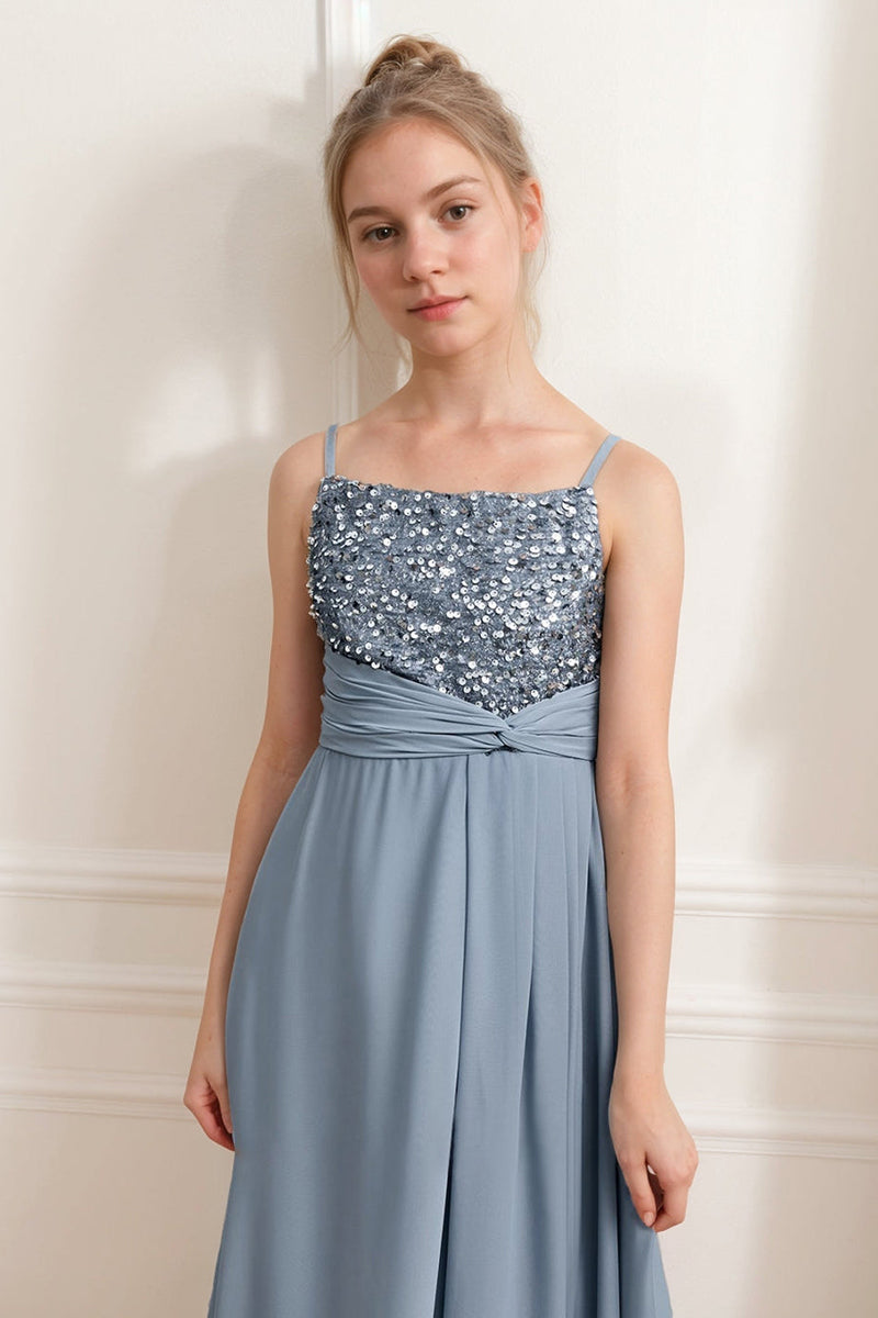 Girls Dusty Blue Sequin Bodice Chiffon Flower Girl Dress
