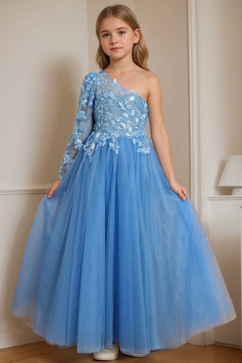 Sky Blue One-Shoulder Lace Tulle Flower Girl Dress