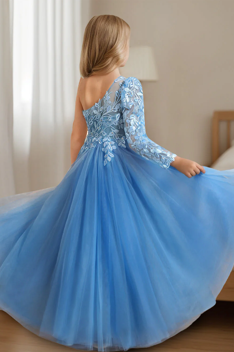 Sky Blue One-Shoulder Lace Tulle Flower Girl Dress
