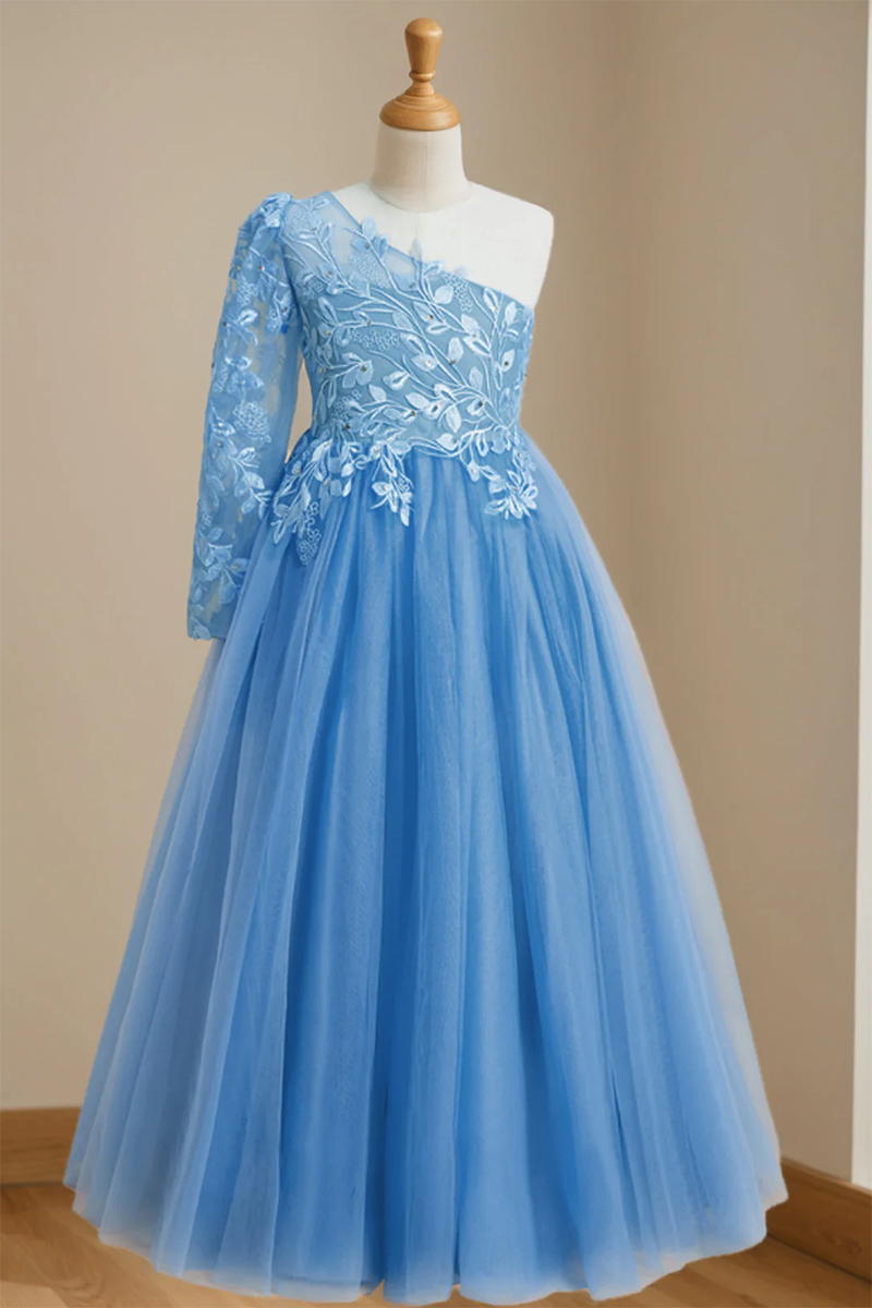 Sky Blue One-Shoulder Lace Tulle Flower Girl Dress