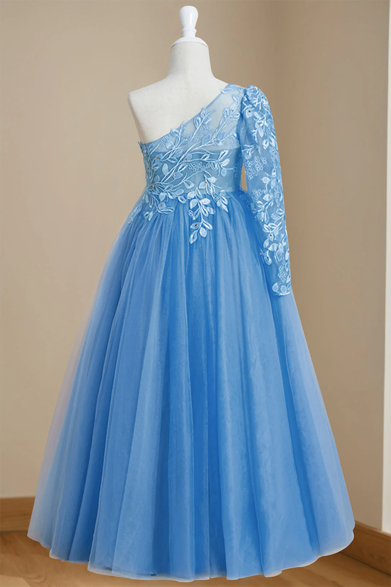Sky Blue One-Shoulder Lace Tulle Flower Girl Dress