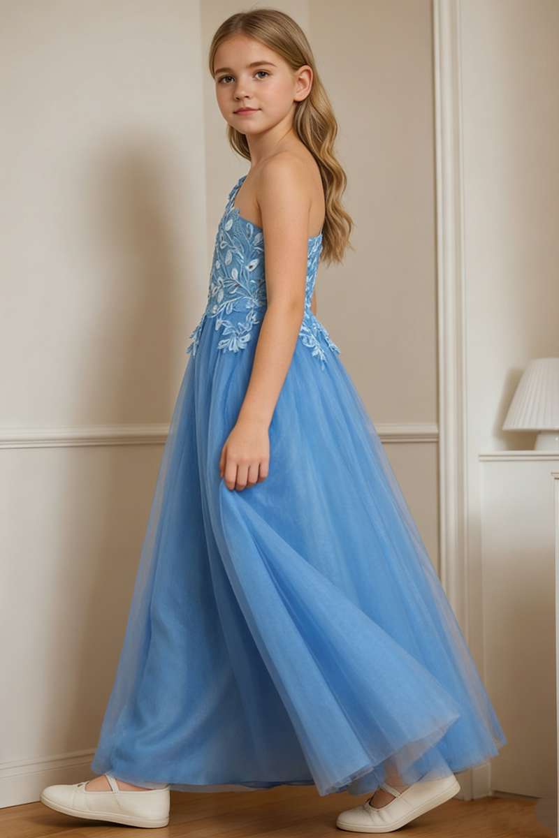 Sky Blue One-Shoulder Lace Tulle Flower Girl Dress