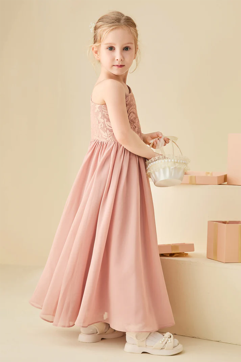Dusty Pink One-Shoulder Lace Chiffon Flower Girl Dress