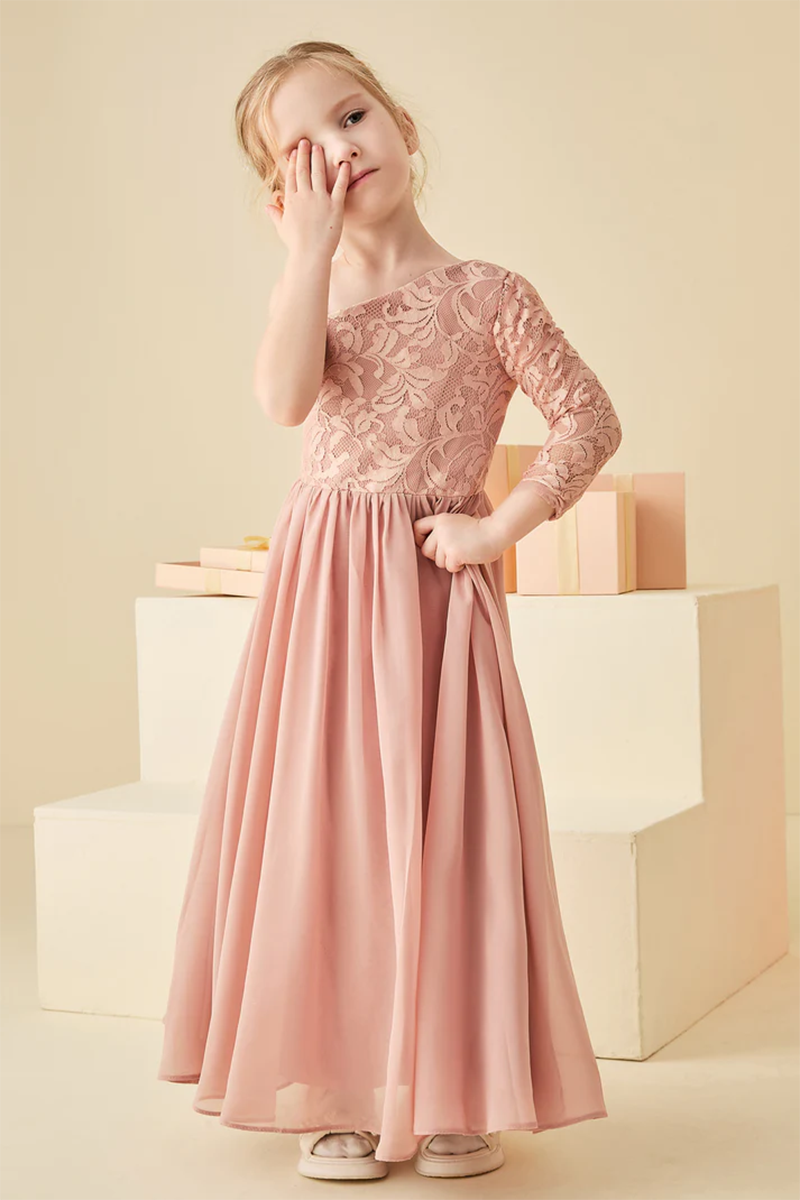 Dusty Pink One-Shoulder Lace Chiffon Flower Girl Dress