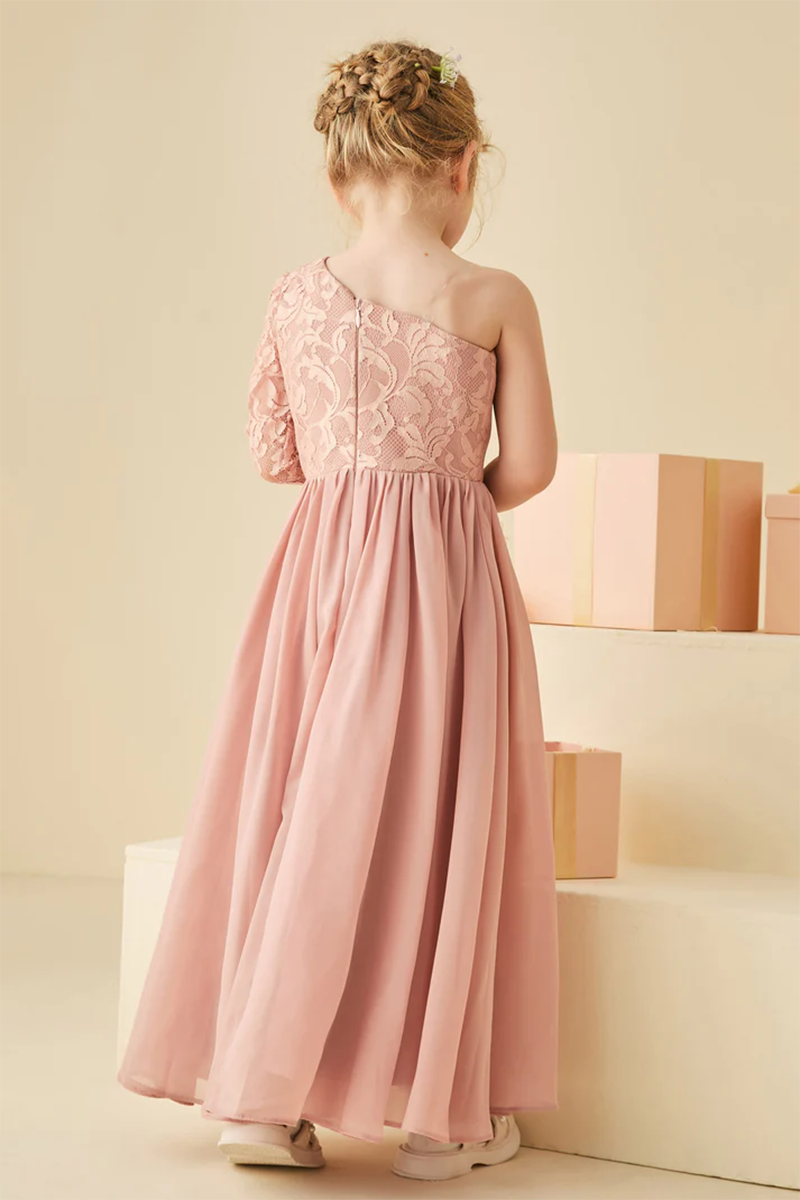 Dusty Pink One-Shoulder Lace Chiffon Flower Girl Dress