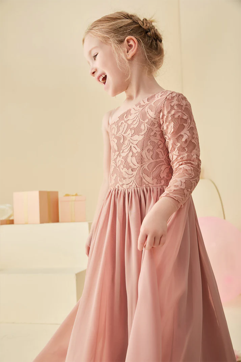 Dusty Pink One-Shoulder Lace Chiffon Flower Girl Dress