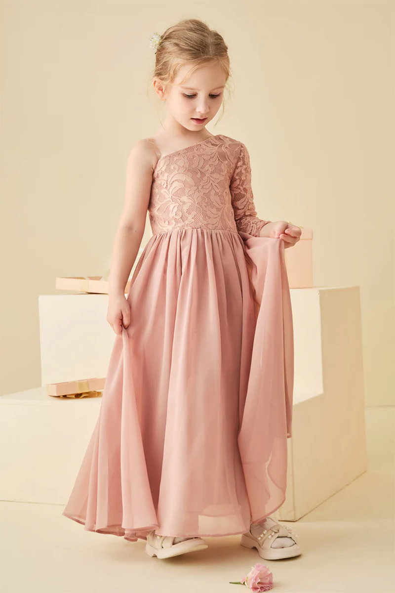 Dusty Pink One-Shoulder Lace Chiffon Flower Girl Dress
