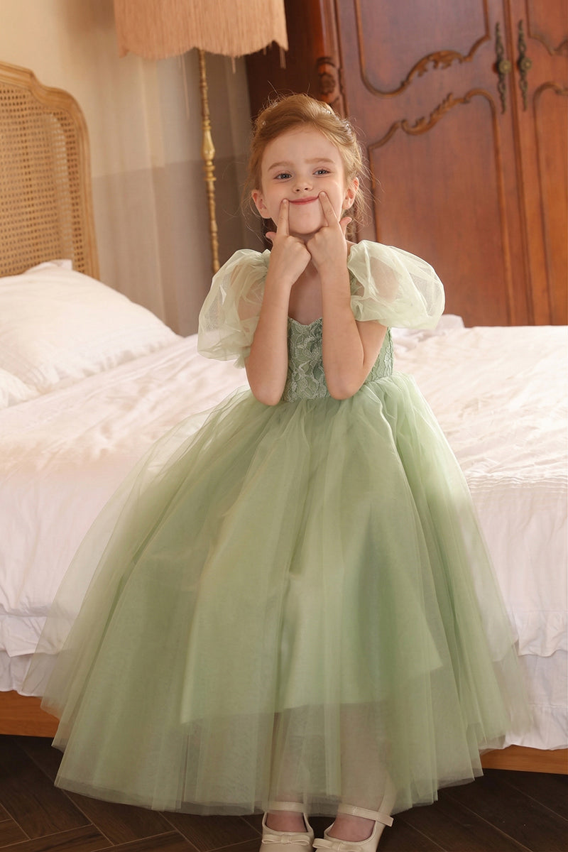 Girls Sage Green Lace Tulle Flower Girl Dress