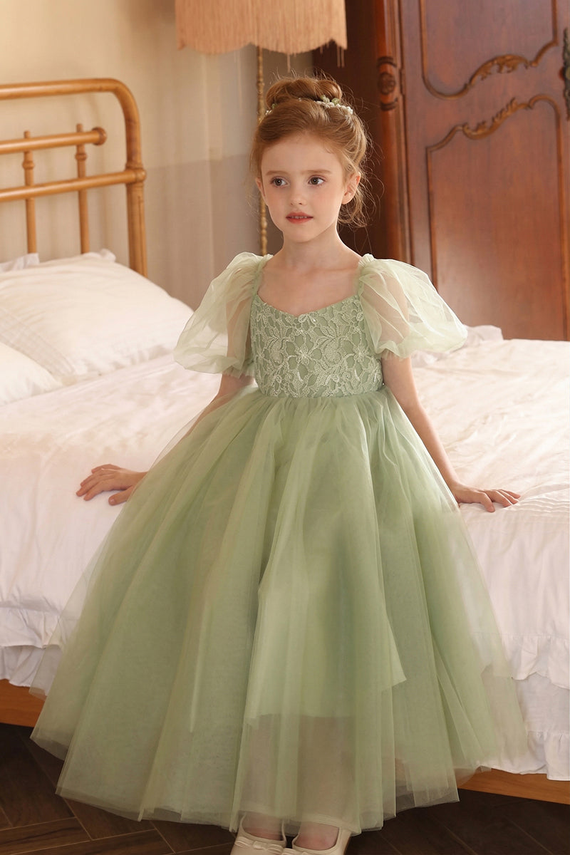 Girls Sage Green Lace Tulle Flower Girl Dress