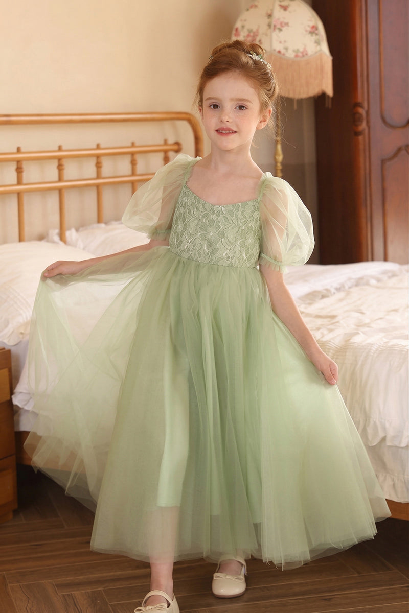 Girls Sage Green Lace Tulle Flower Girl Dress