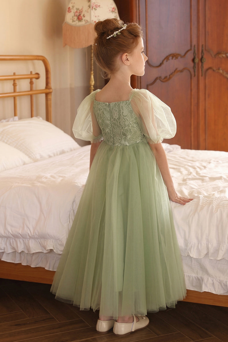 Girls Sage Green Lace Tulle Flower Girl Dress