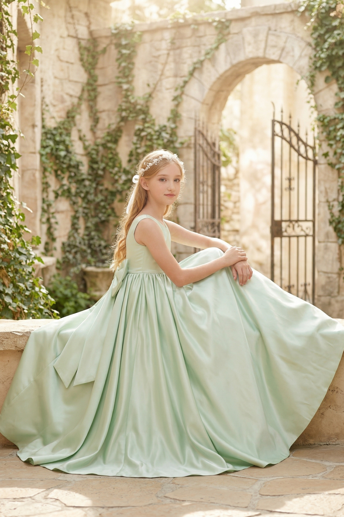 Light Green Satin Dress with Waist-Cinching Bow