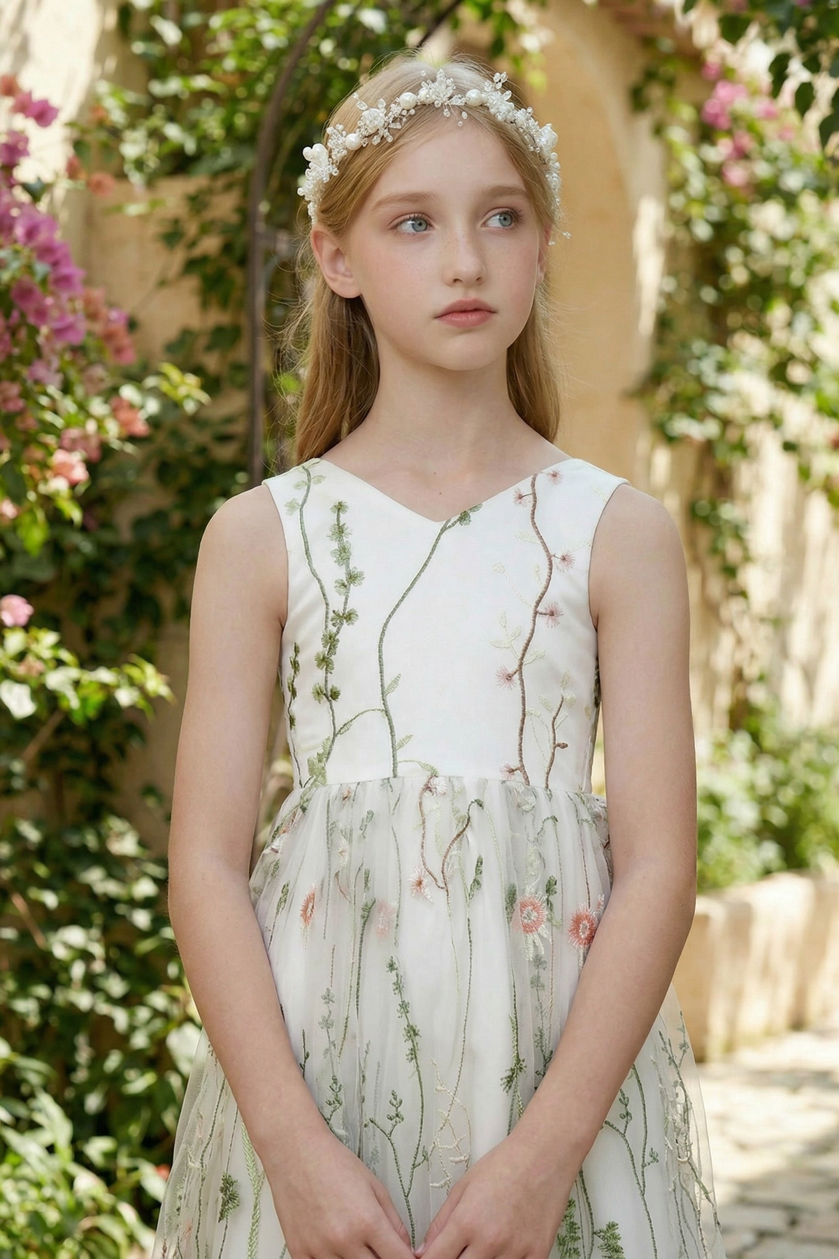 White Chiffon Mesh Floral Embroidered A-Line Dress