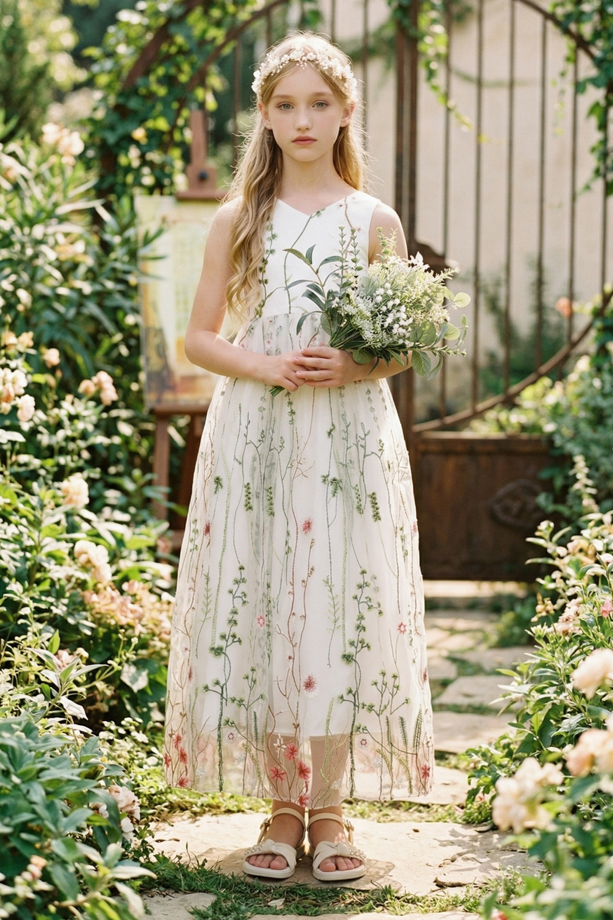 White Chiffon Mesh Floral Embroidered A-Line Dress
