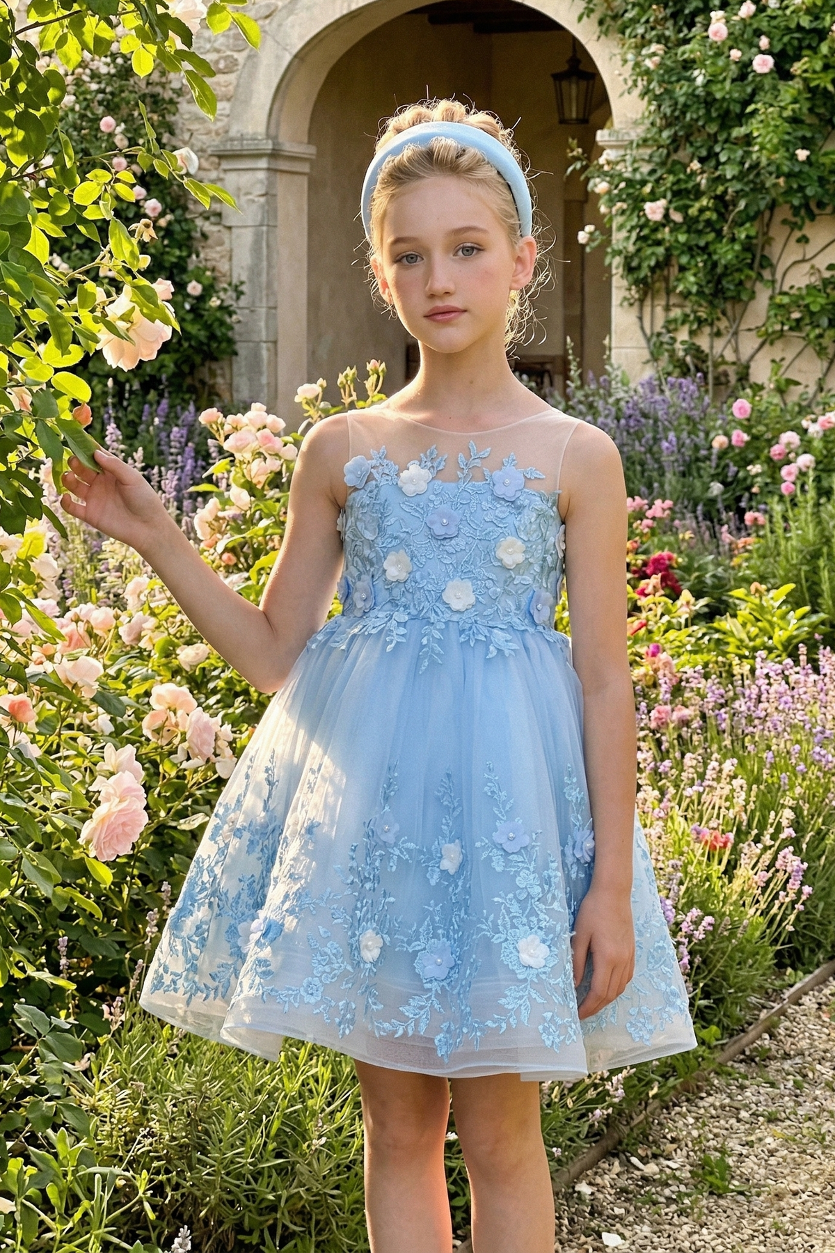 Sky Blue Chiffon Mesh Floral Embroidered Dress