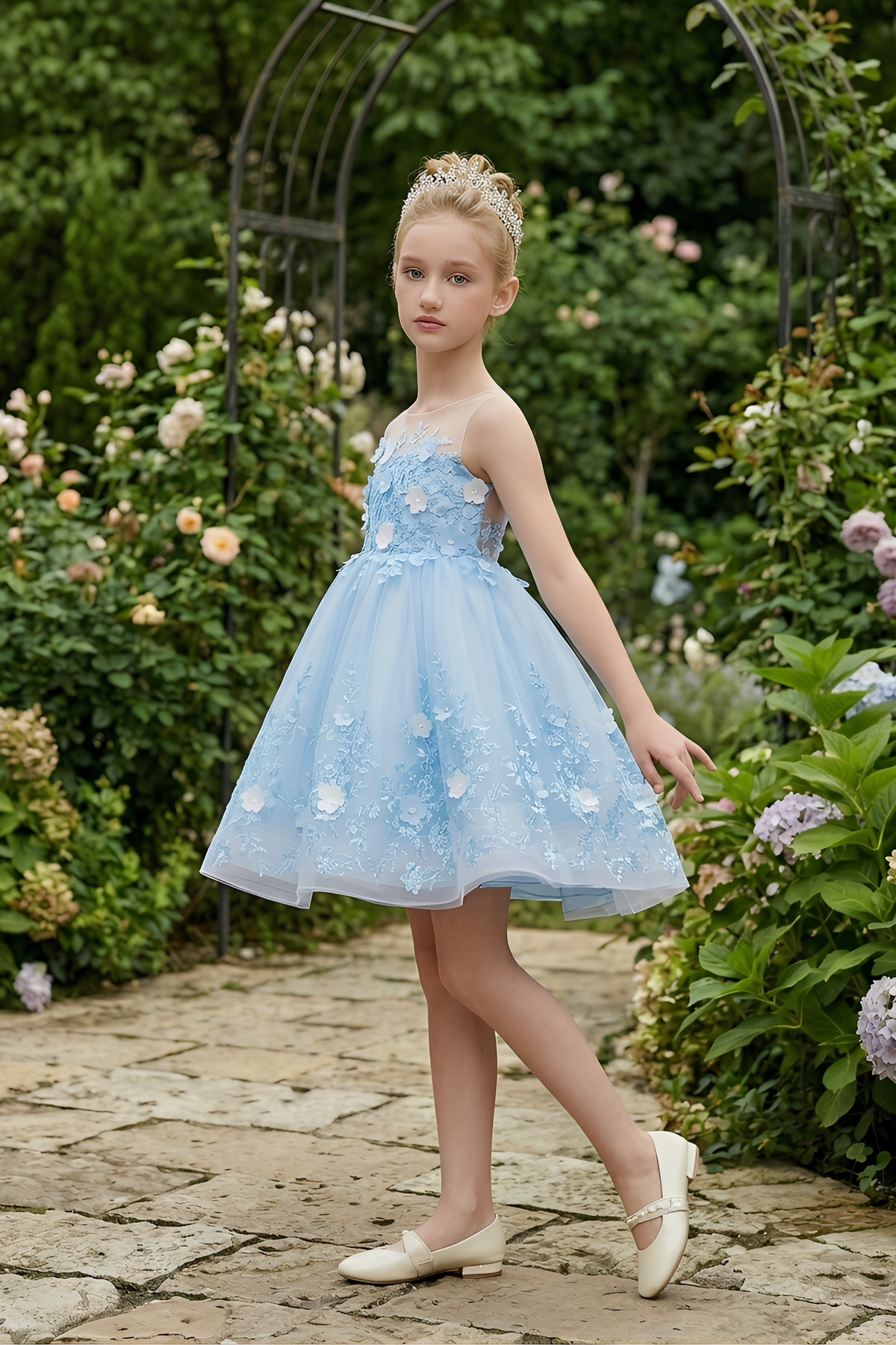 Sky Blue Chiffon Mesh Floral Embroidered Dress