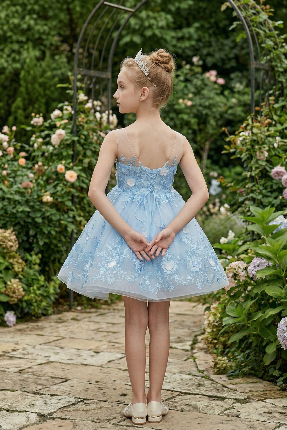 Sky Blue Chiffon Mesh Floral Embroidered Dress