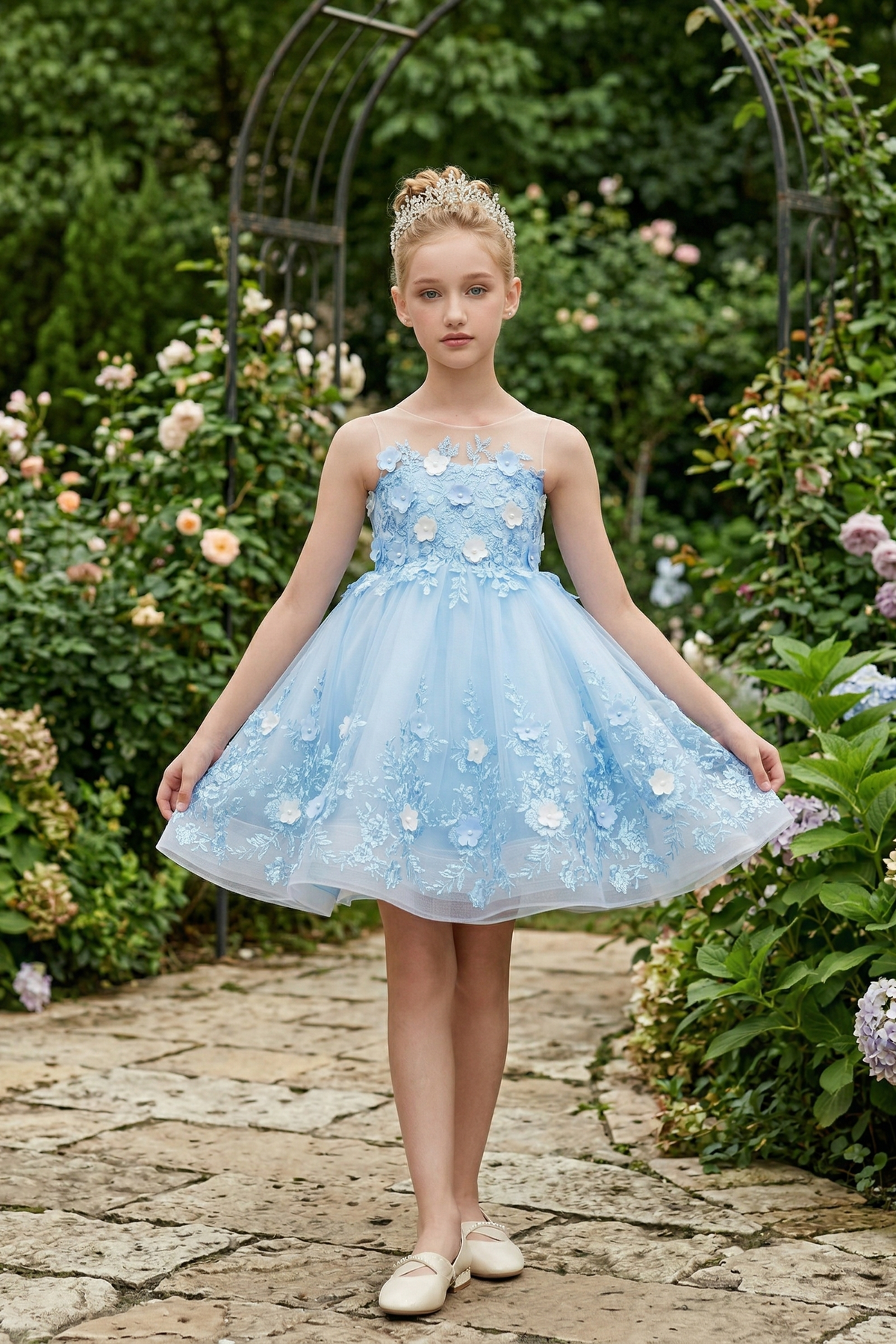 Sky Blue Chiffon Mesh Floral Embroidered Dress