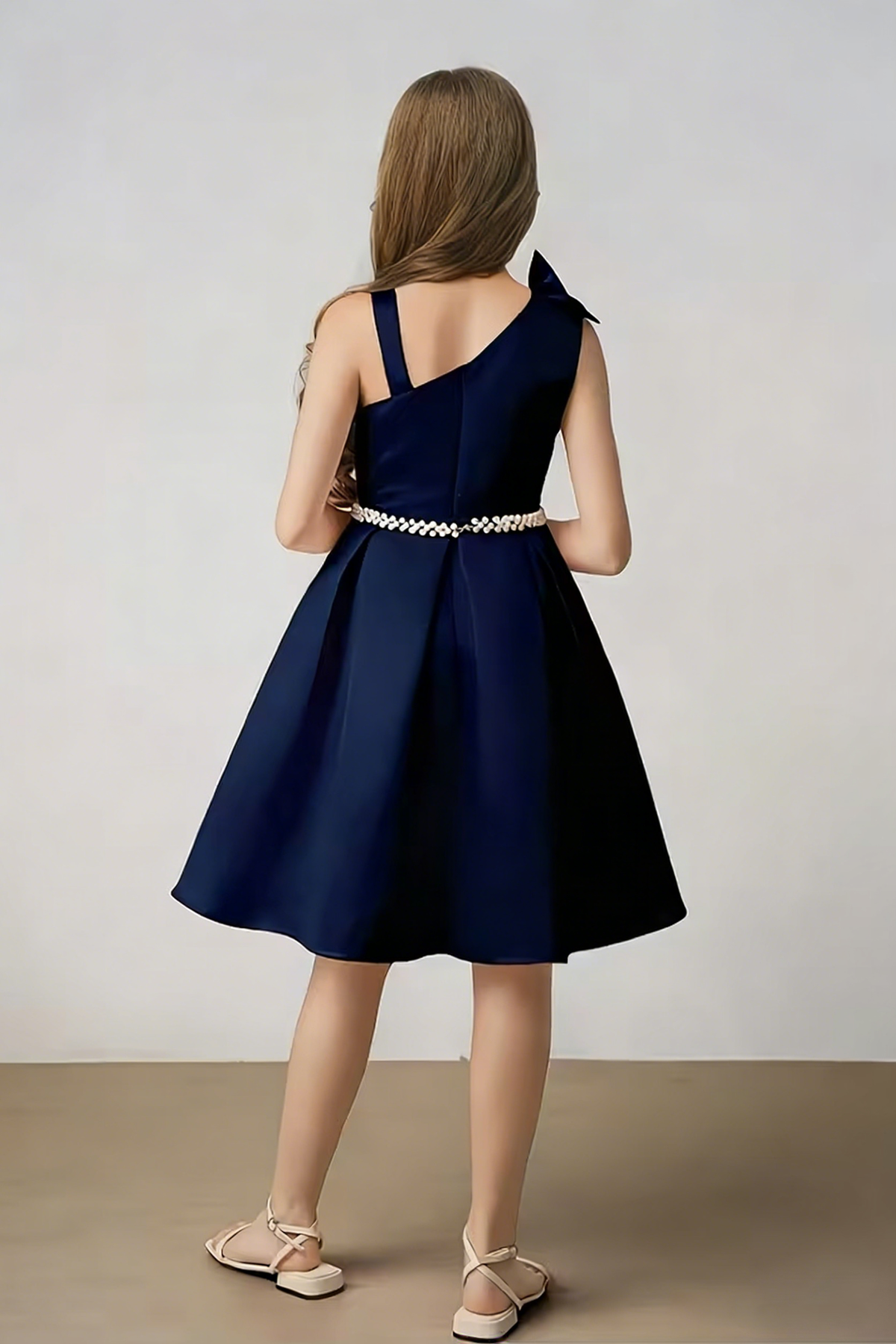 Navy Blue Satin A-Line Dress With Pearl Bow