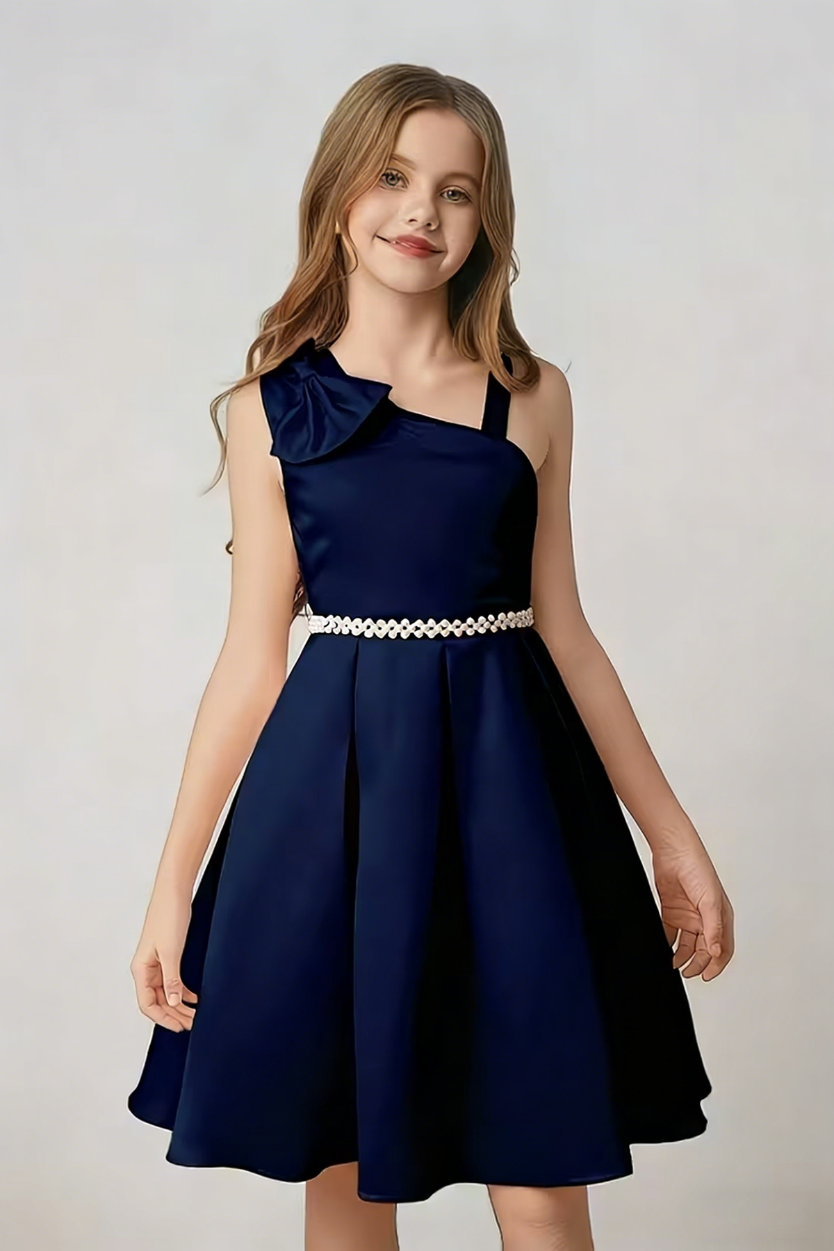 Navy Blue Satin A-Line Dress With Pearl Bow