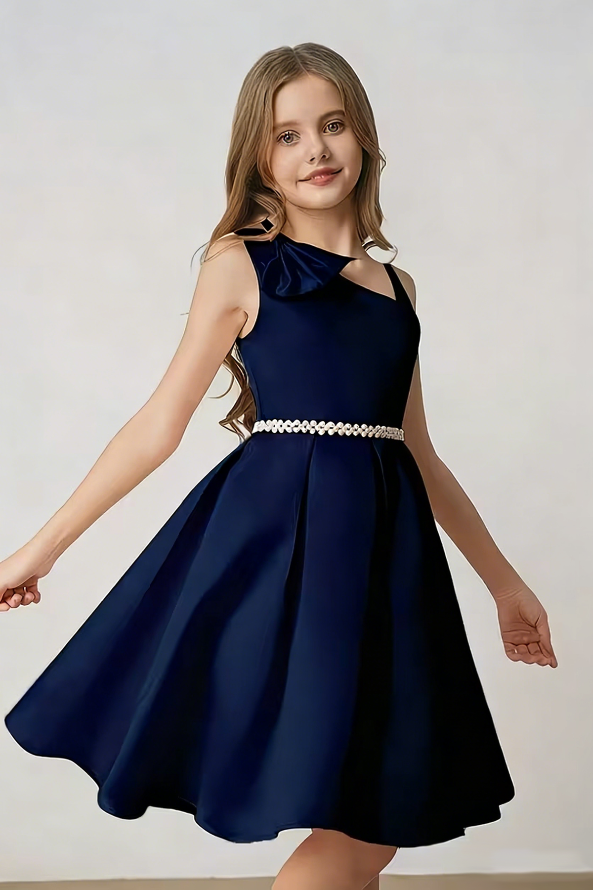 Navy Blue Satin A-Line Dress With Pearl Bow