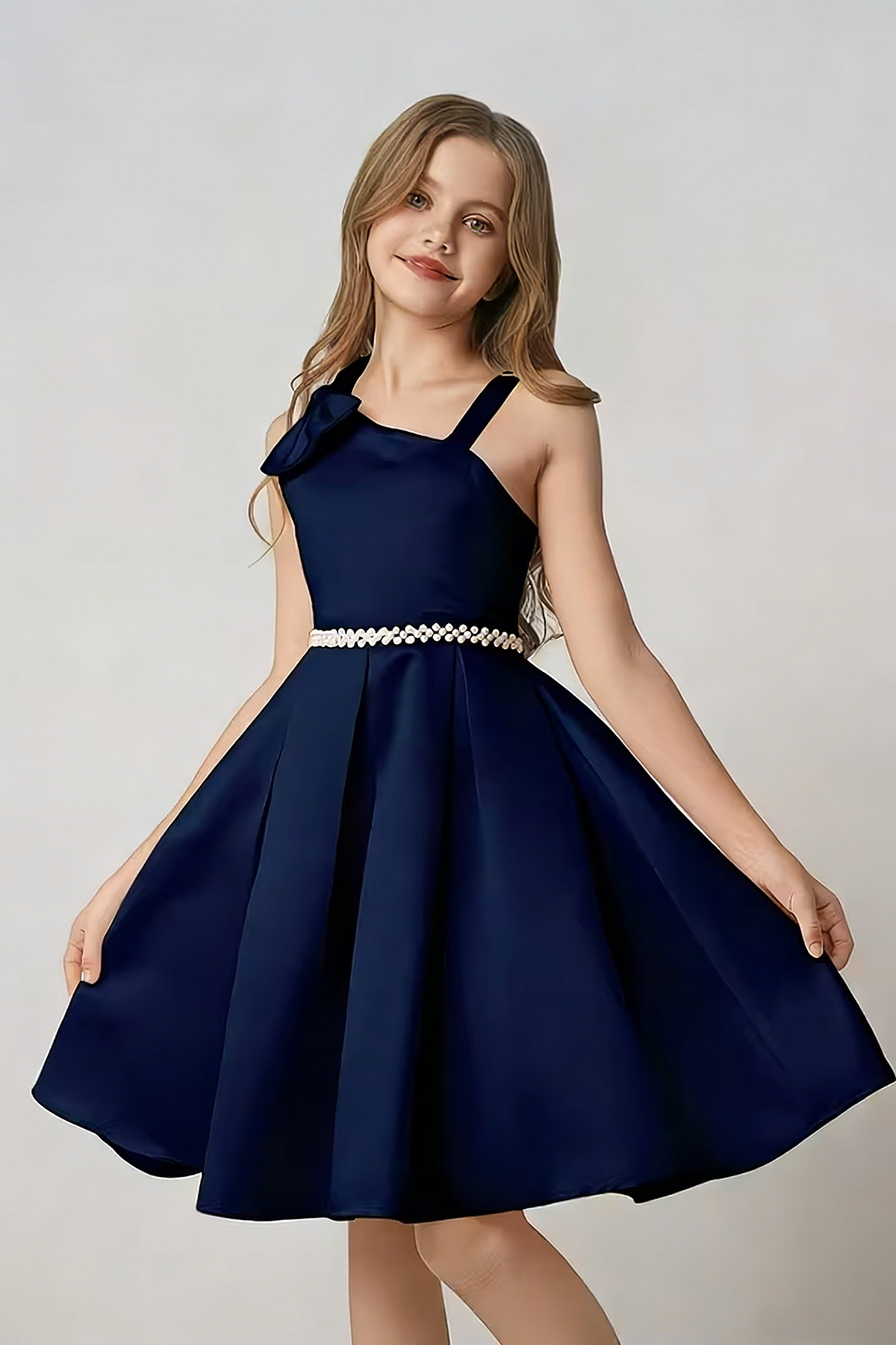 Navy Blue Satin A-Line Dress With Pearl Bow