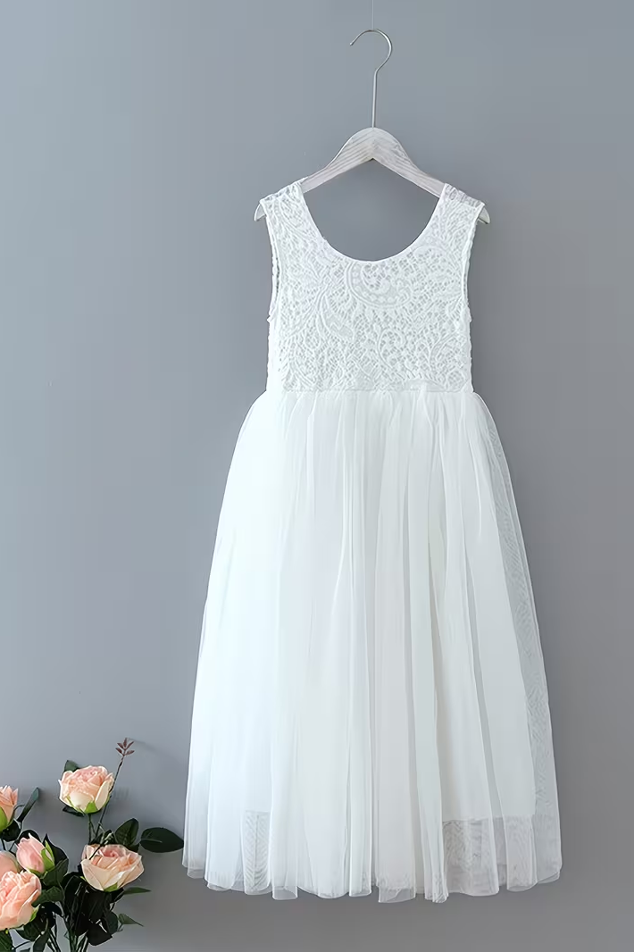 White Chiffon Lace Mesh Round Neck Fitted Dress