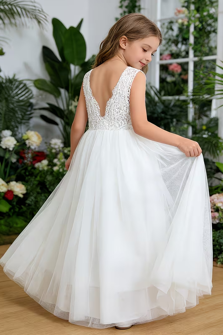 White Chiffon Lace Mesh Round Neck Fitted Dress