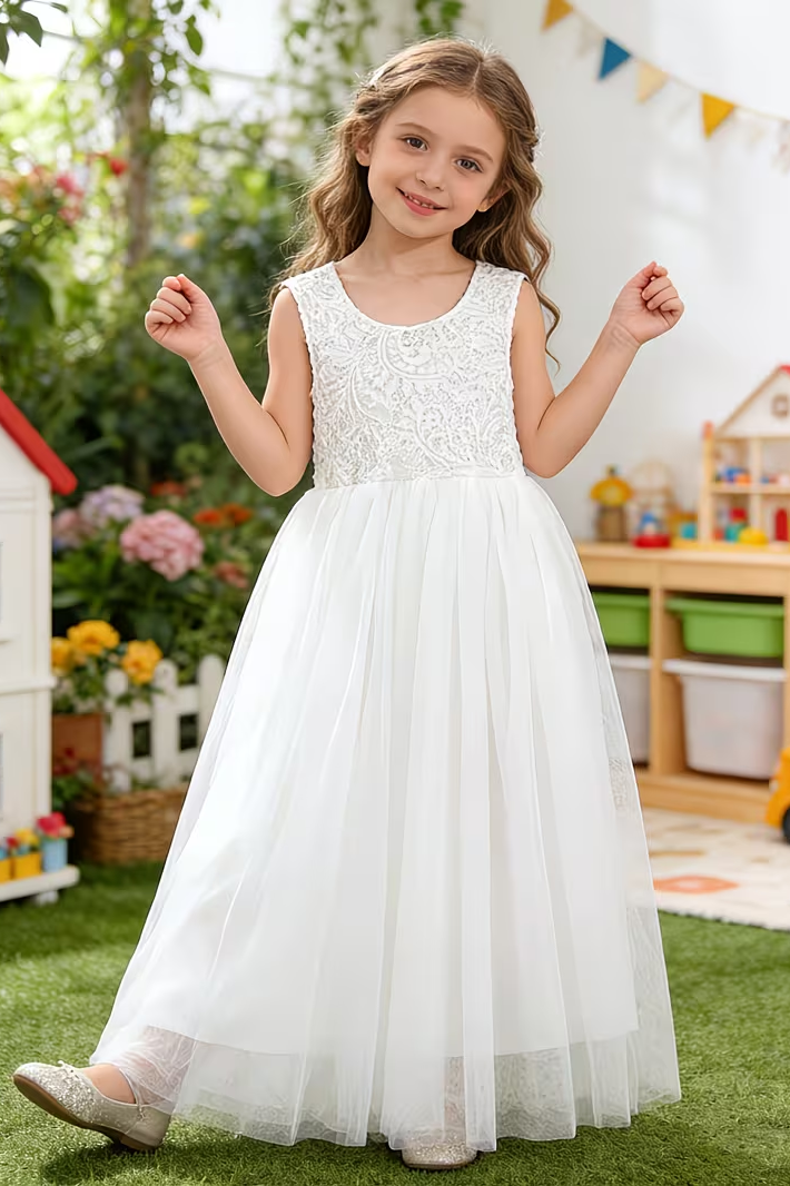 White Chiffon Lace Mesh Round Neck Fitted Dress