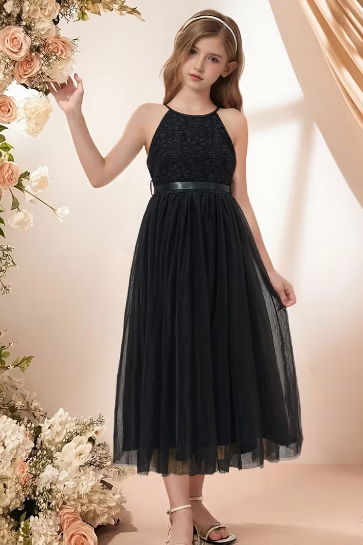 Halter Neck Chiffon Lace Mesh A-Line Dress