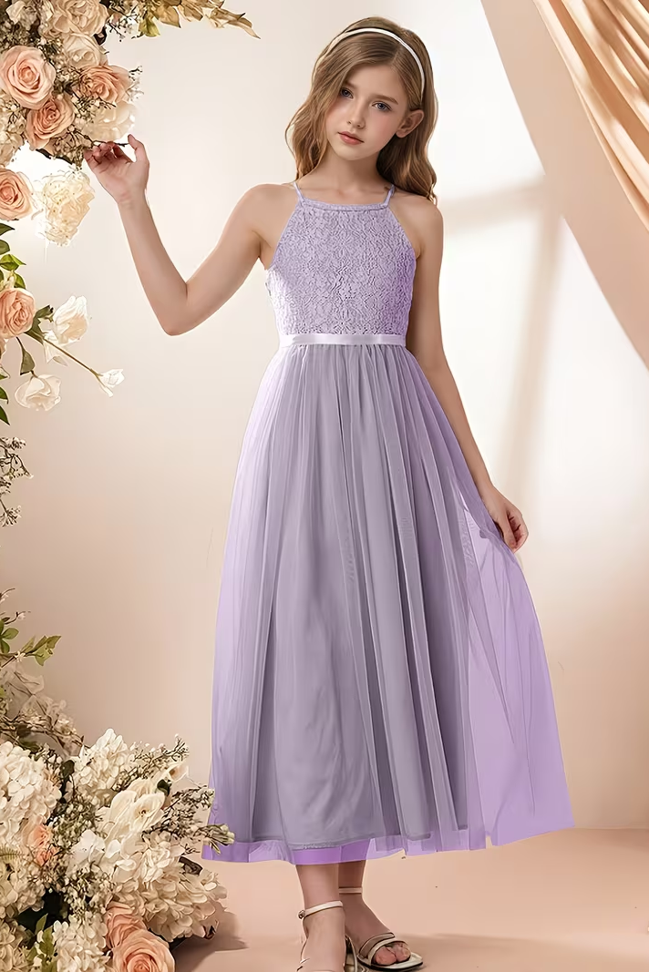 Halter Neck Chiffon Lace Mesh A-Line Dress