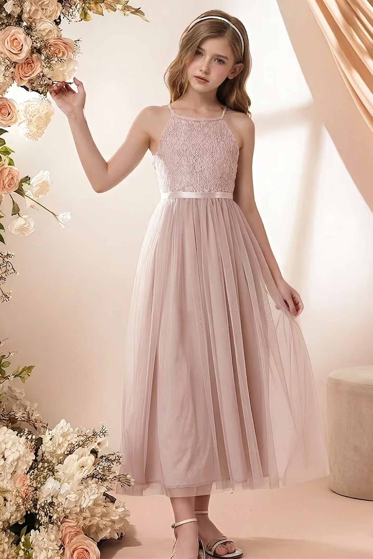 Halter Neck Chiffon Lace Mesh A-Line Dress