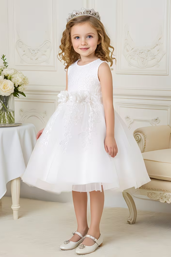 Satin Lace Mesh Floral A-Line Dress With A Cinched Waist