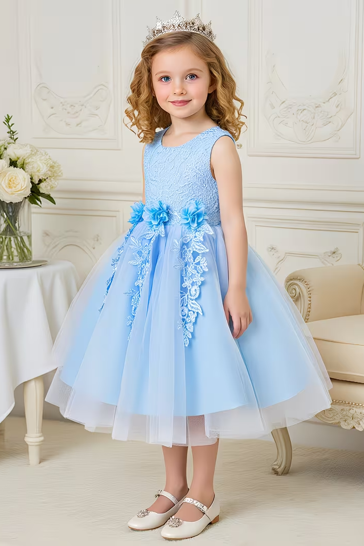 Satin Lace Mesh Floral A-Line Dress With A Cinched Waist
