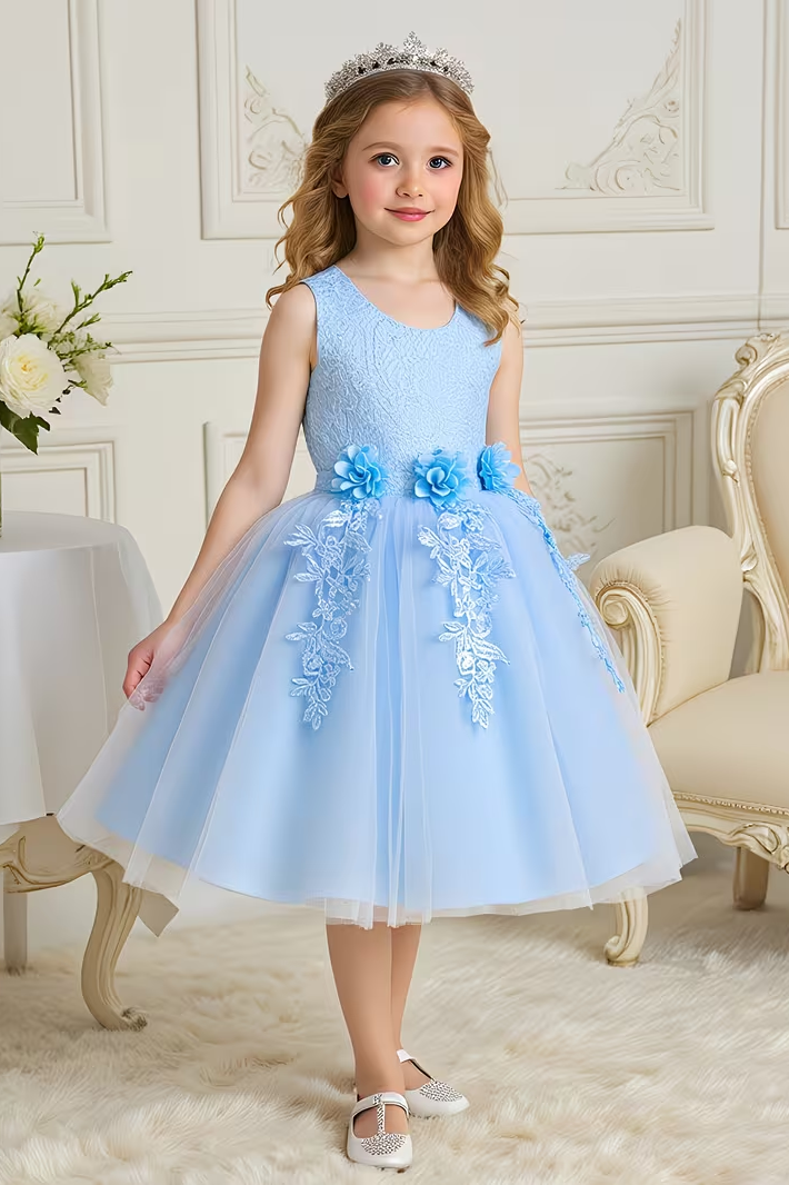 Satin Lace Mesh Floral A-Line Dress With A Cinched Waist
