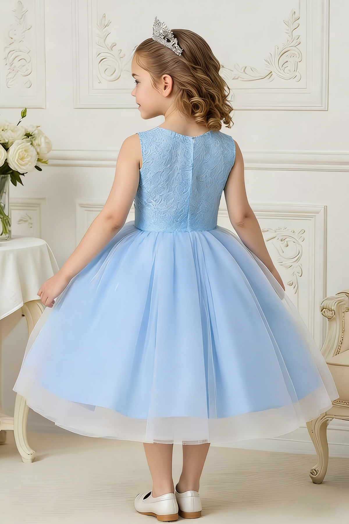 Satin Lace Mesh Floral A-Line Dress With A Cinched Waist