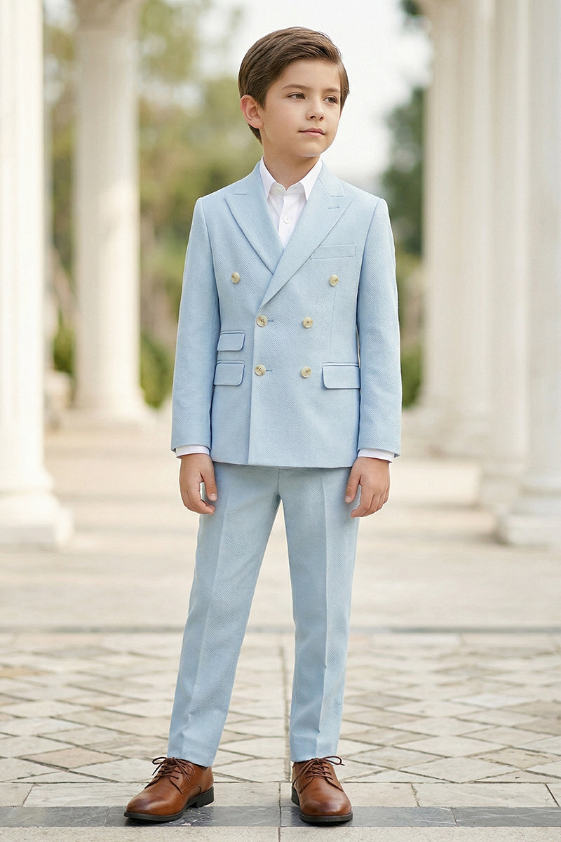 Boys Sky Blue Herringbone Double-Breasted 2-piece Suit