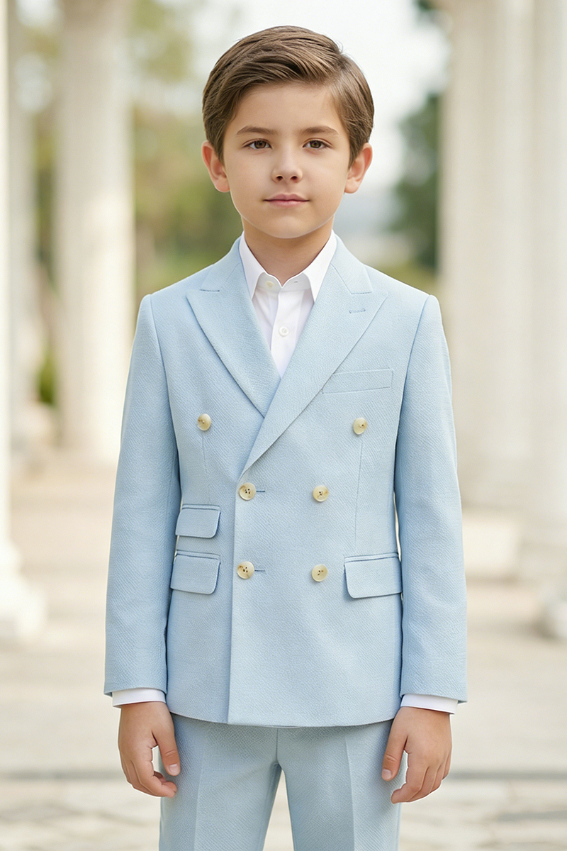 Boys Sky Blue Herringbone Double-Breasted 2-piece Suit