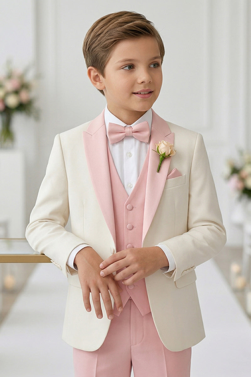 Boys Ivory & Pink Tuxedoe 3-Piece Suit